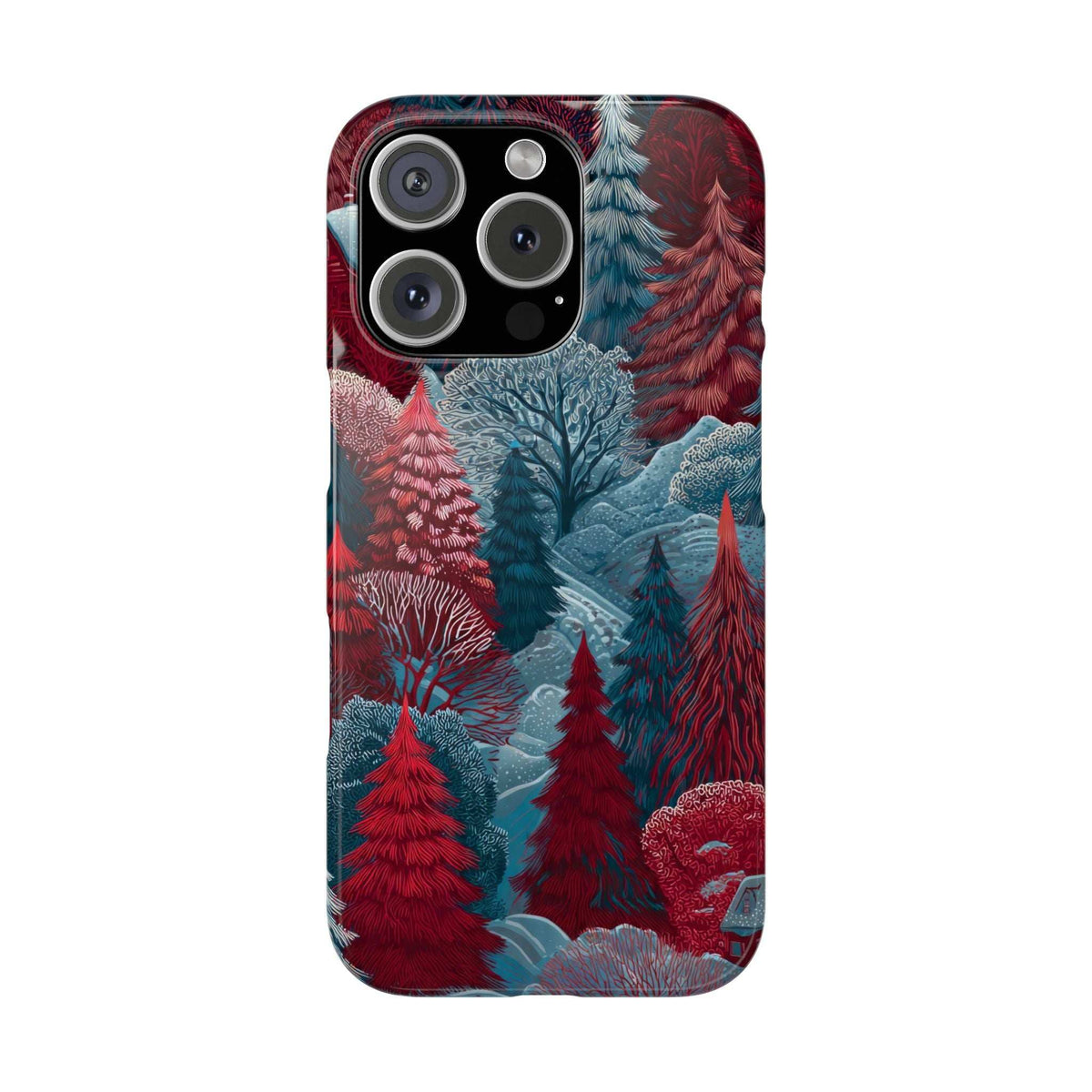 Winter forest phone case with red and blue pine trees; raised camera cutouts