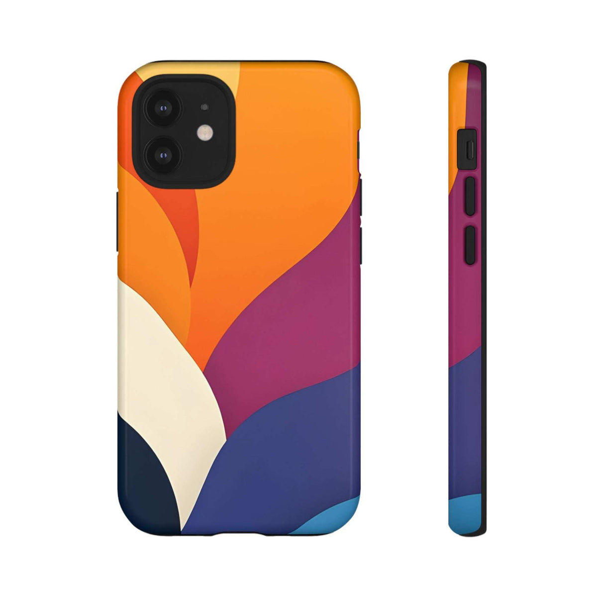 Abstract design phone case with orange top, magenta middle, and navy bottom waves.