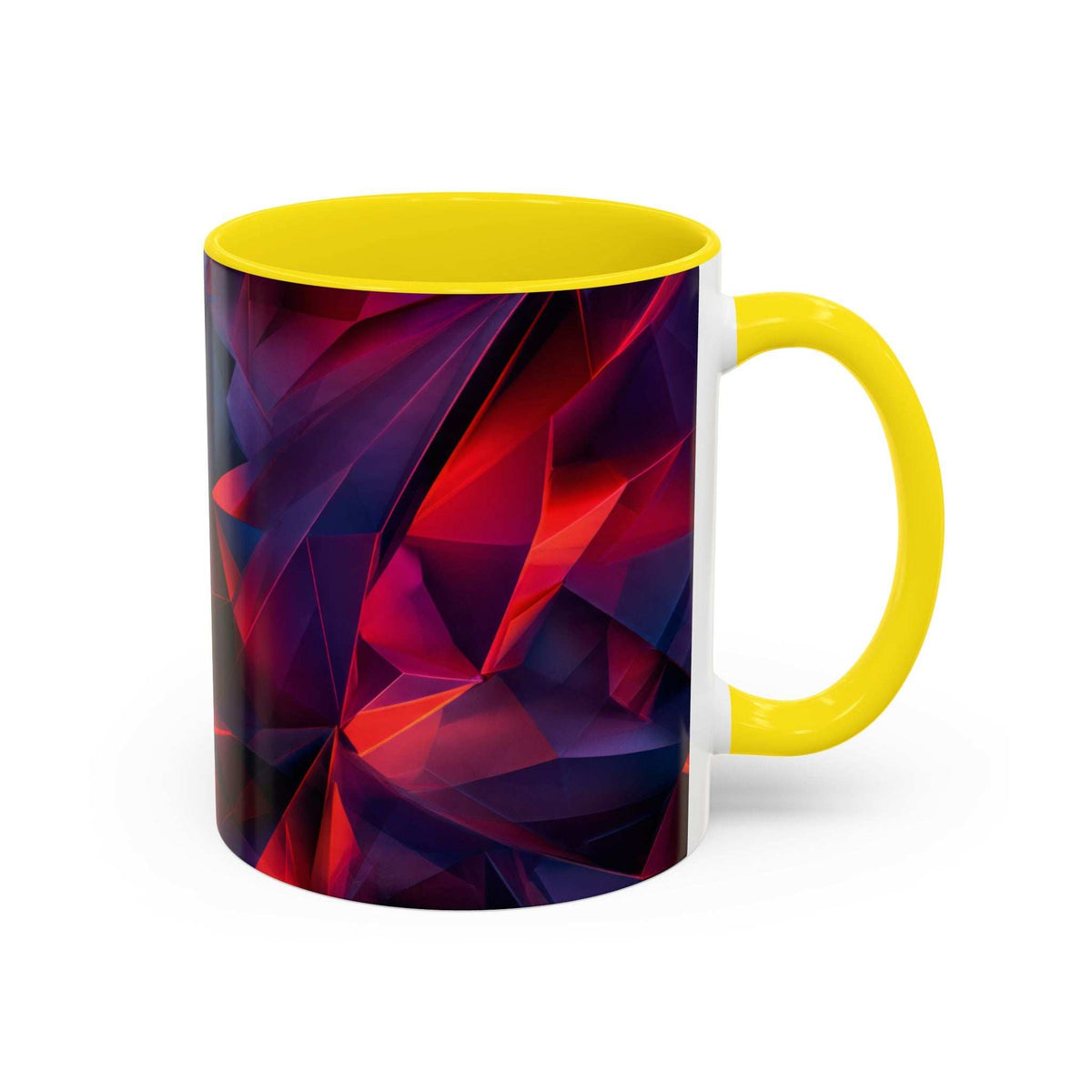 Ceramic accent mug with yellow handle and rim; red, purple, and dark geometric pattern.