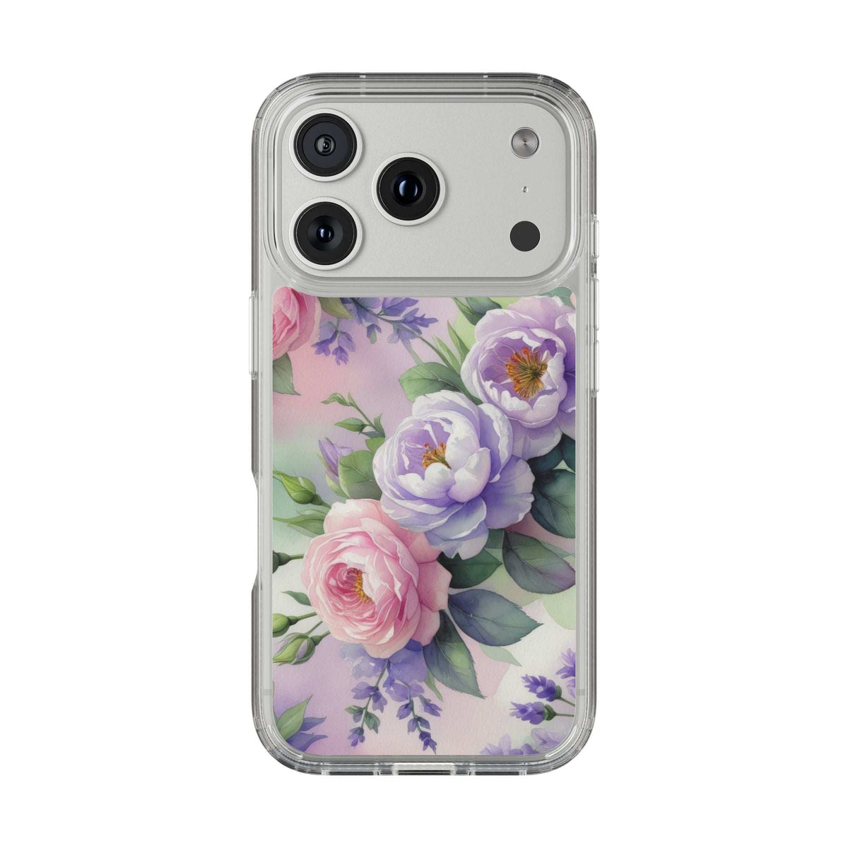Clear floral phone case showing camera cutouts and springtime flower print