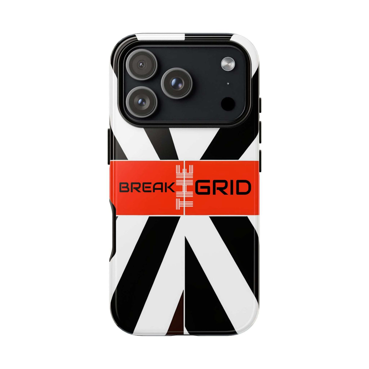 Phone case with black-and-white graphic, red BREAK GRID band, and triple camera cutouts