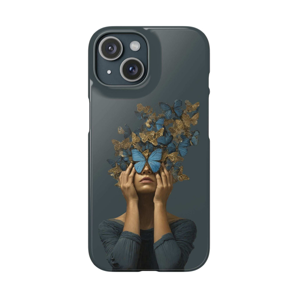 Dark blue phone case with gold butterfly and blue butterfly motif, front view with camera lenses.
