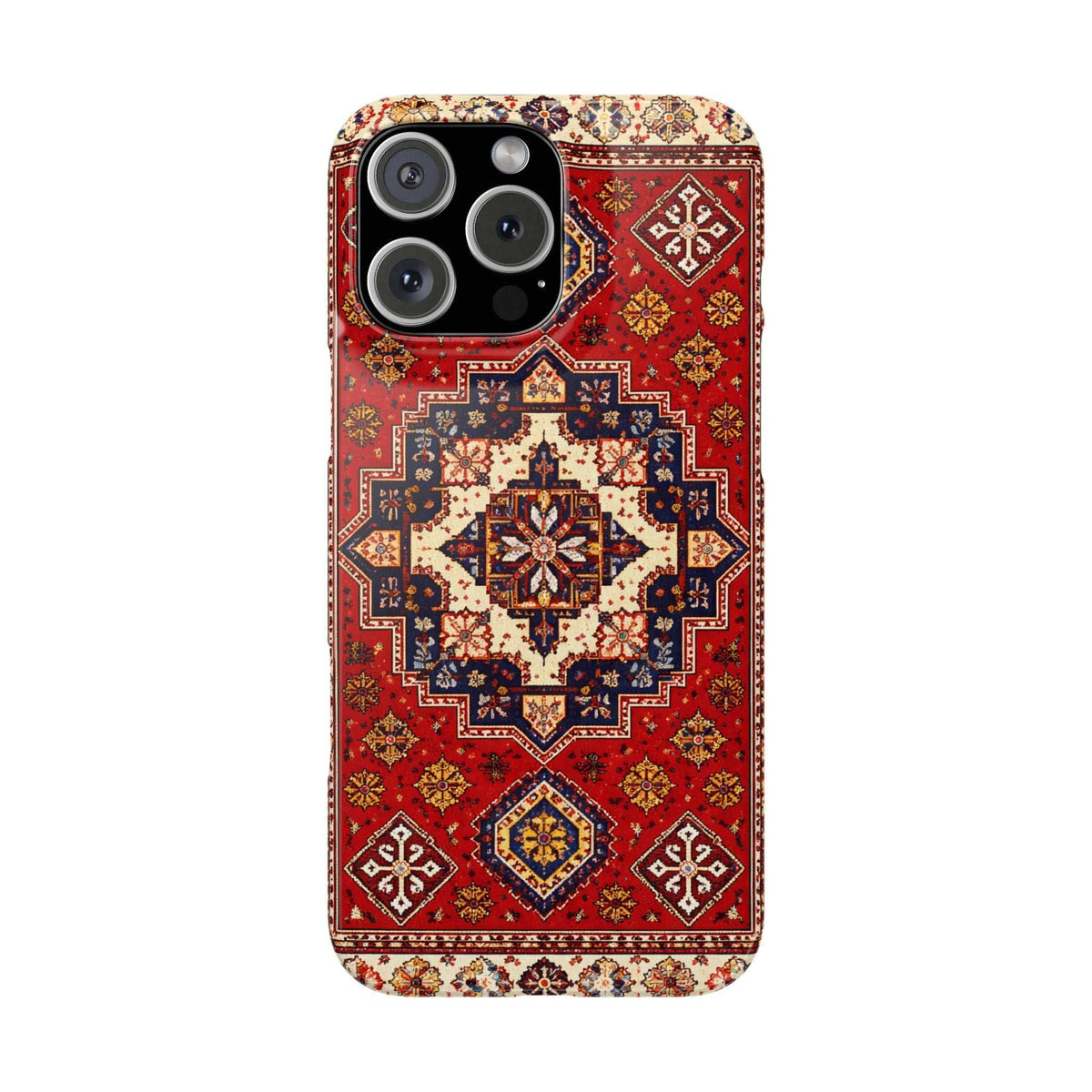 Armenian carpet patterned phone case with red and navy border; camera lenses visible.