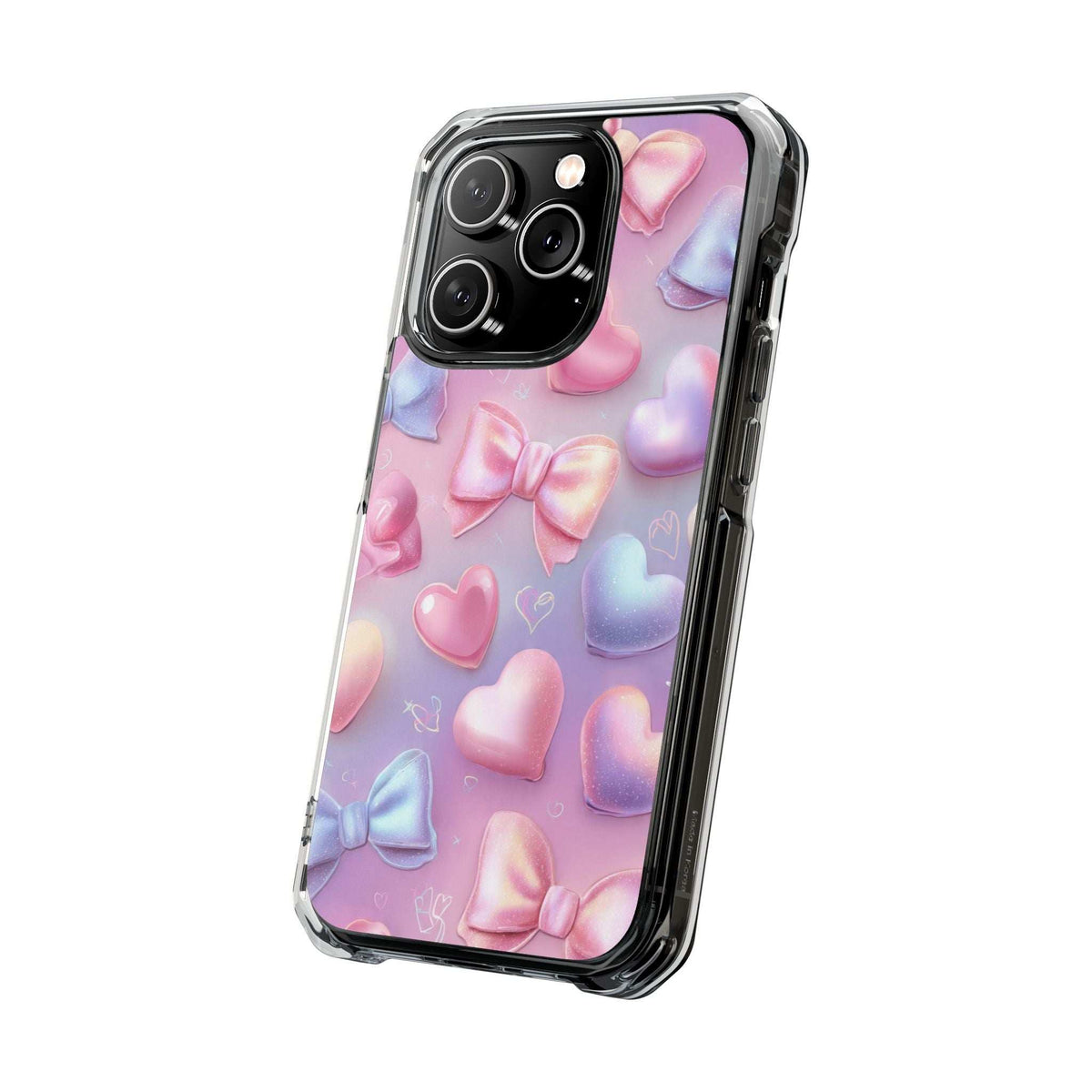 Phone case with pastel hearts and bows, clear sides, camera lens cutouts