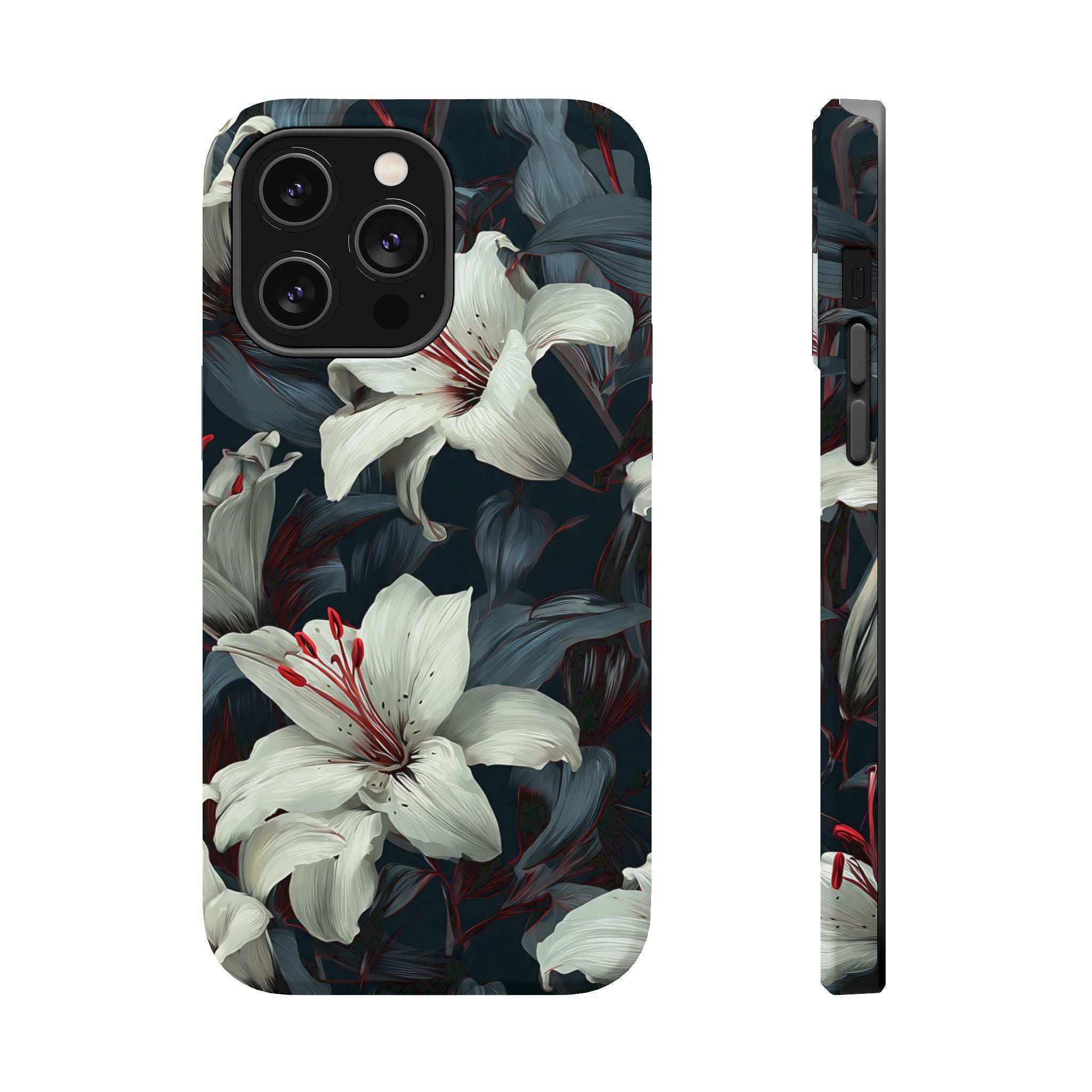 Phone case front with white lilies on dark foliage, slim sides and camera cutouts