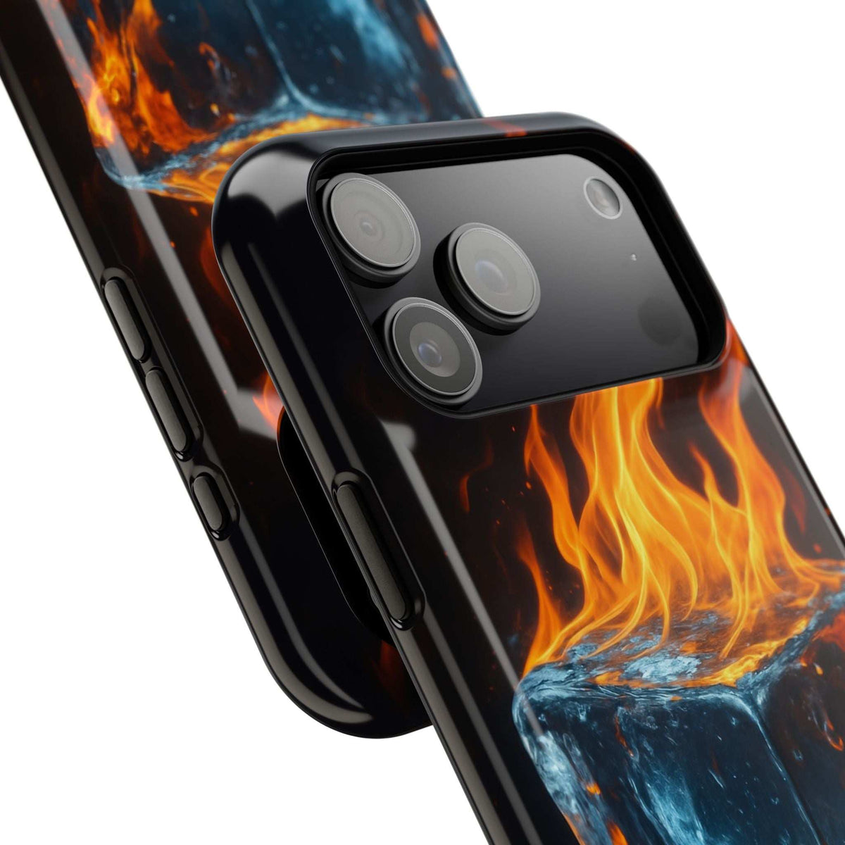 Flame and ice phone case close-up with triple camera cutouts and glossy orange flame design
