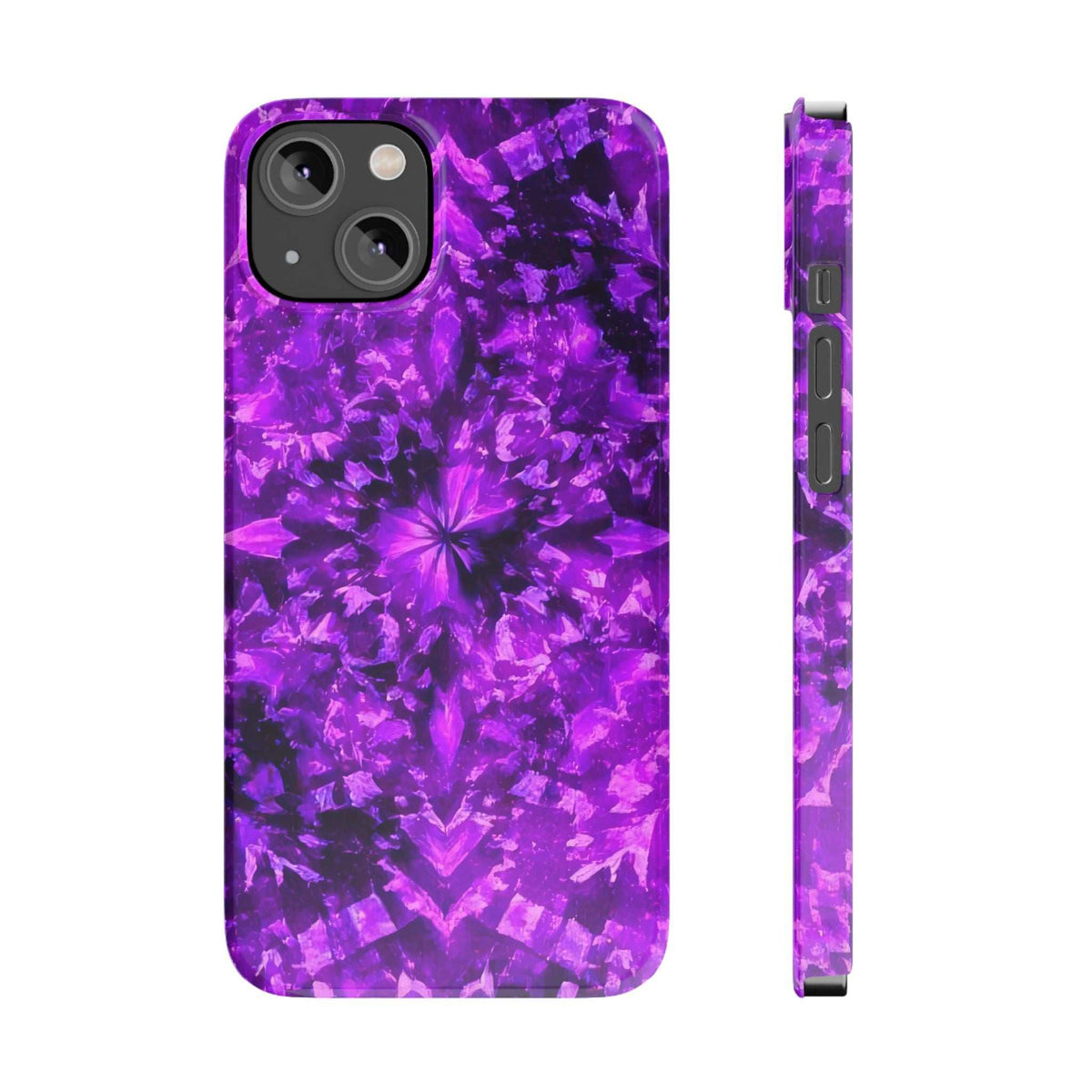 Purple kaleidoscope phone case front and thin side view; starburst pattern on back