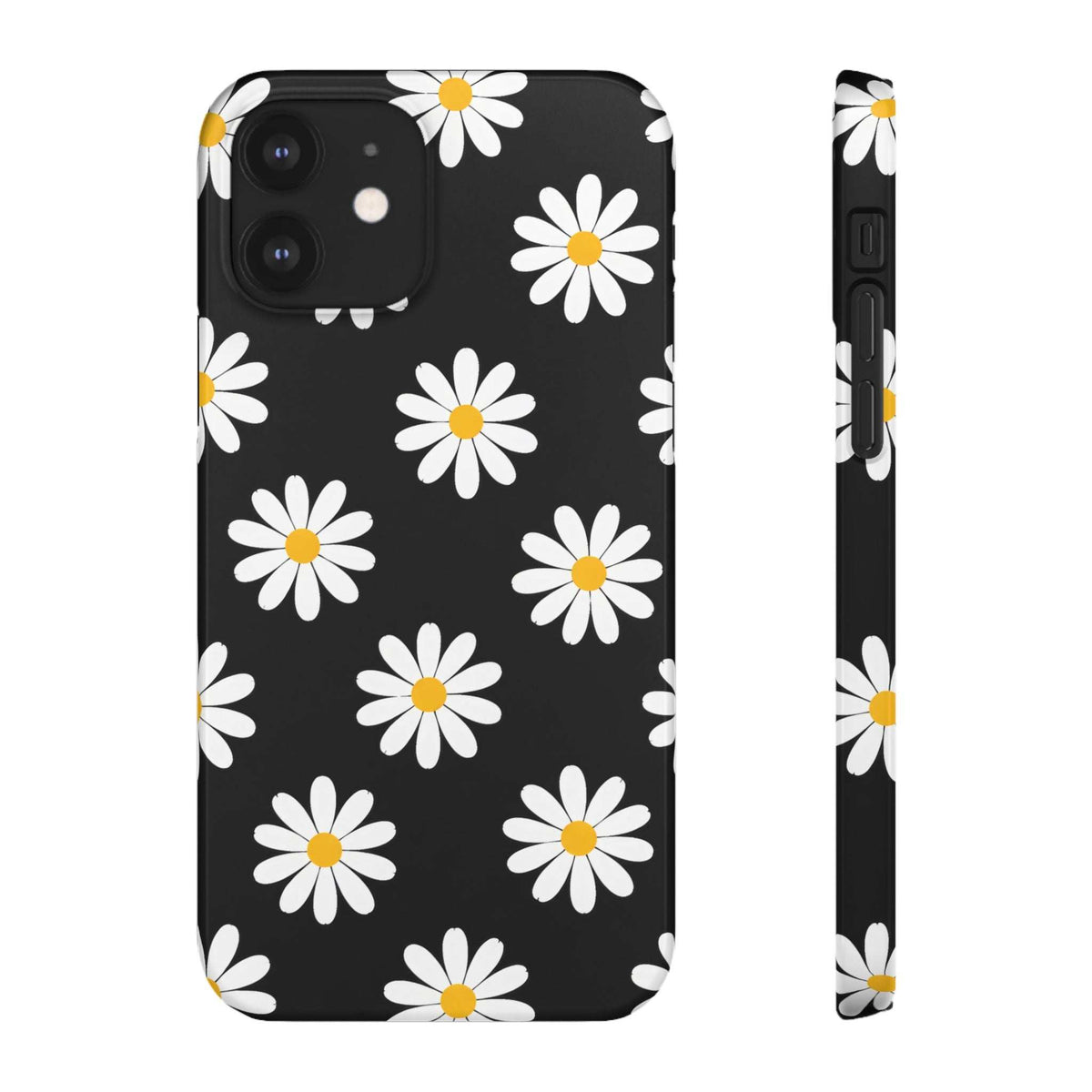 Black phone case with white daisy pattern and yellow centers; side buttons and back cutouts.