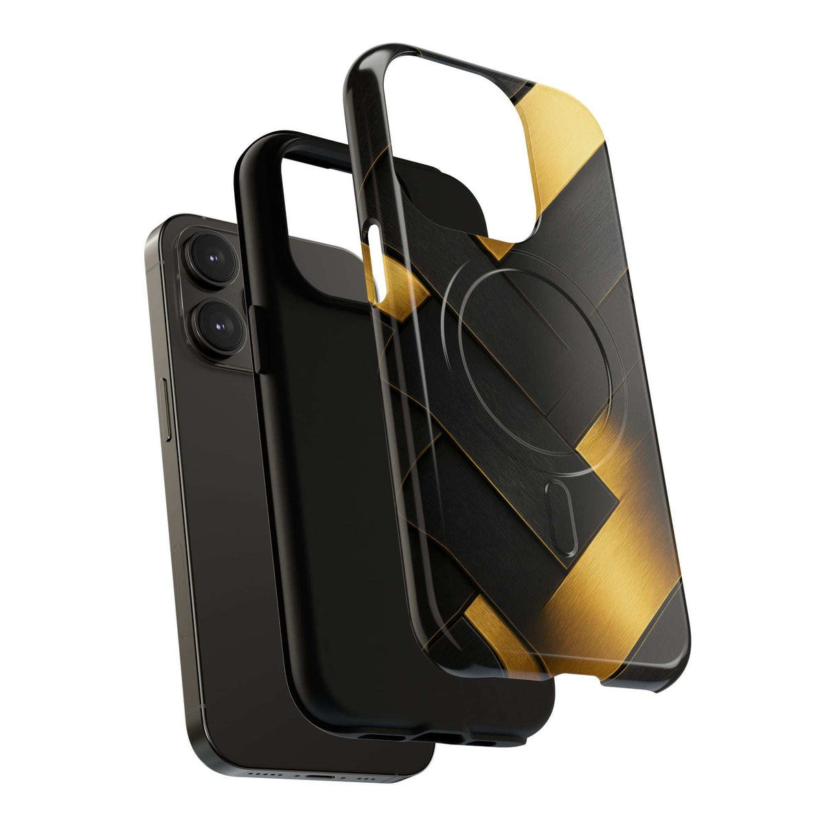 Glossy phone case: black and gold geometric grid pattern, side protection and camera cutouts