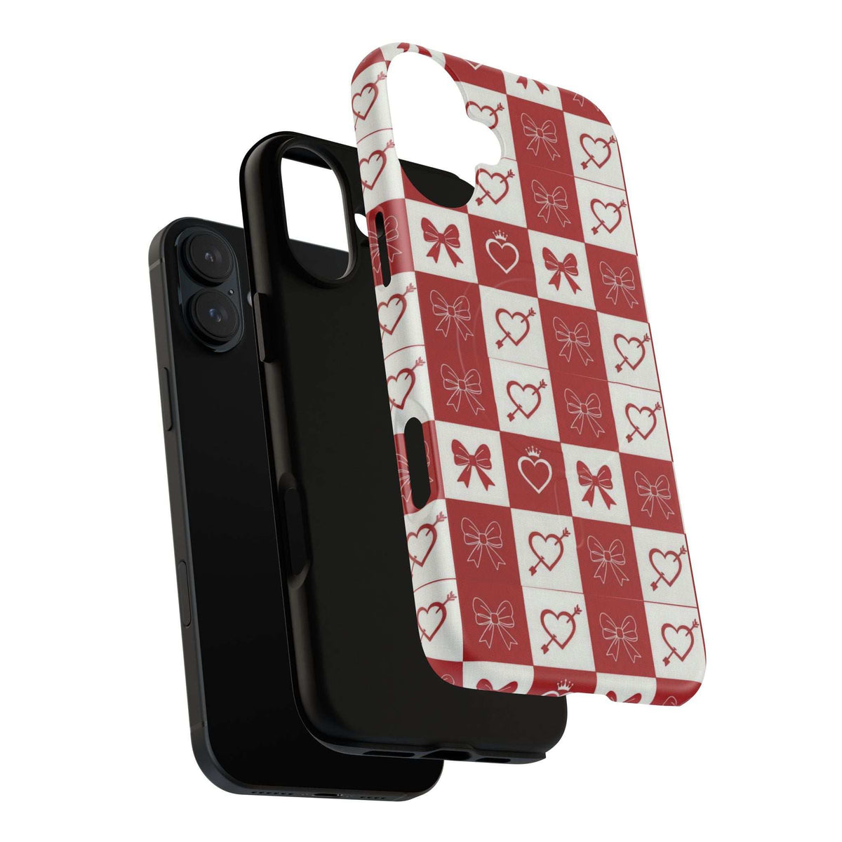 Red and white checkered iPhone case with hearts and bow motifs, rear cover
