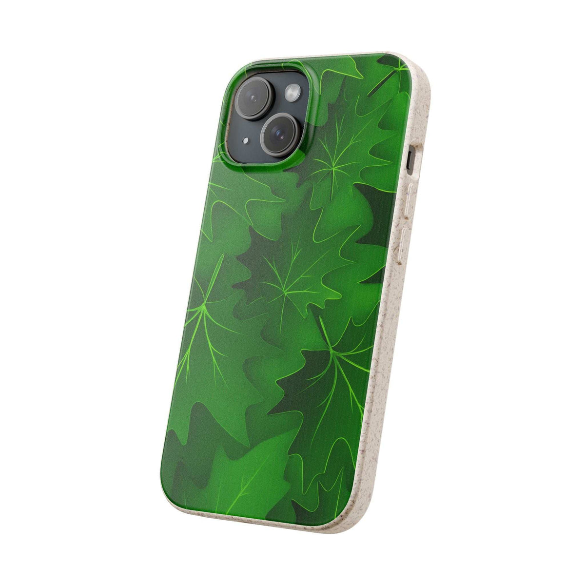 Green botanical leaf phone case with camera cutout and speckled beige sides, back view