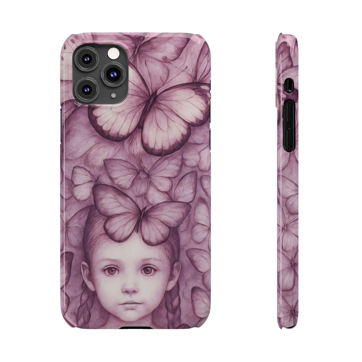 Purple butterfly girl phone case front view with camera and speaker cutouts