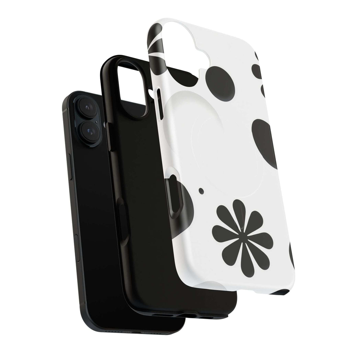 Magnetic phone case with white panel, black dots and flower graphic, plus dark backing