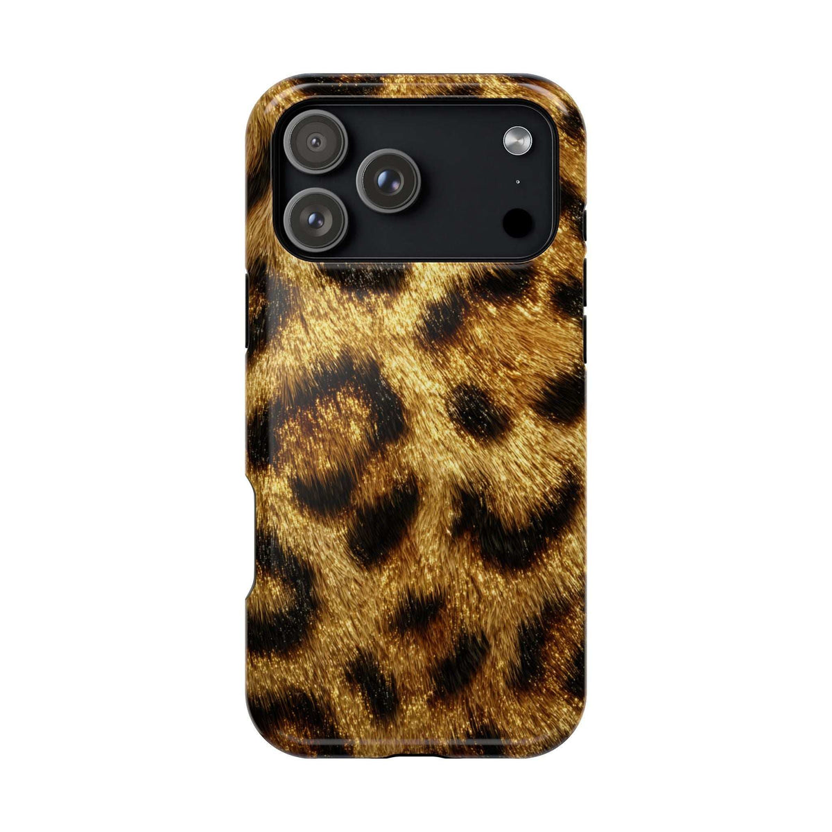 Leopard print phone case, glossy yellow and black pattern with raised camera bump