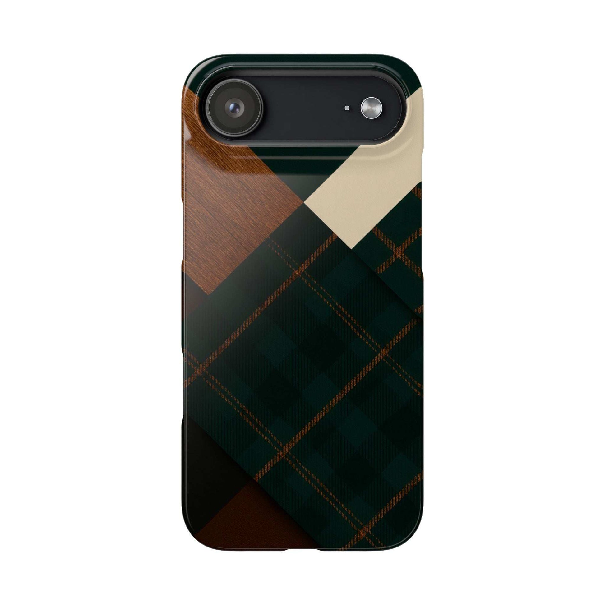 Phone case featuring green tartan plaid, tan chevron, and a single camera bar