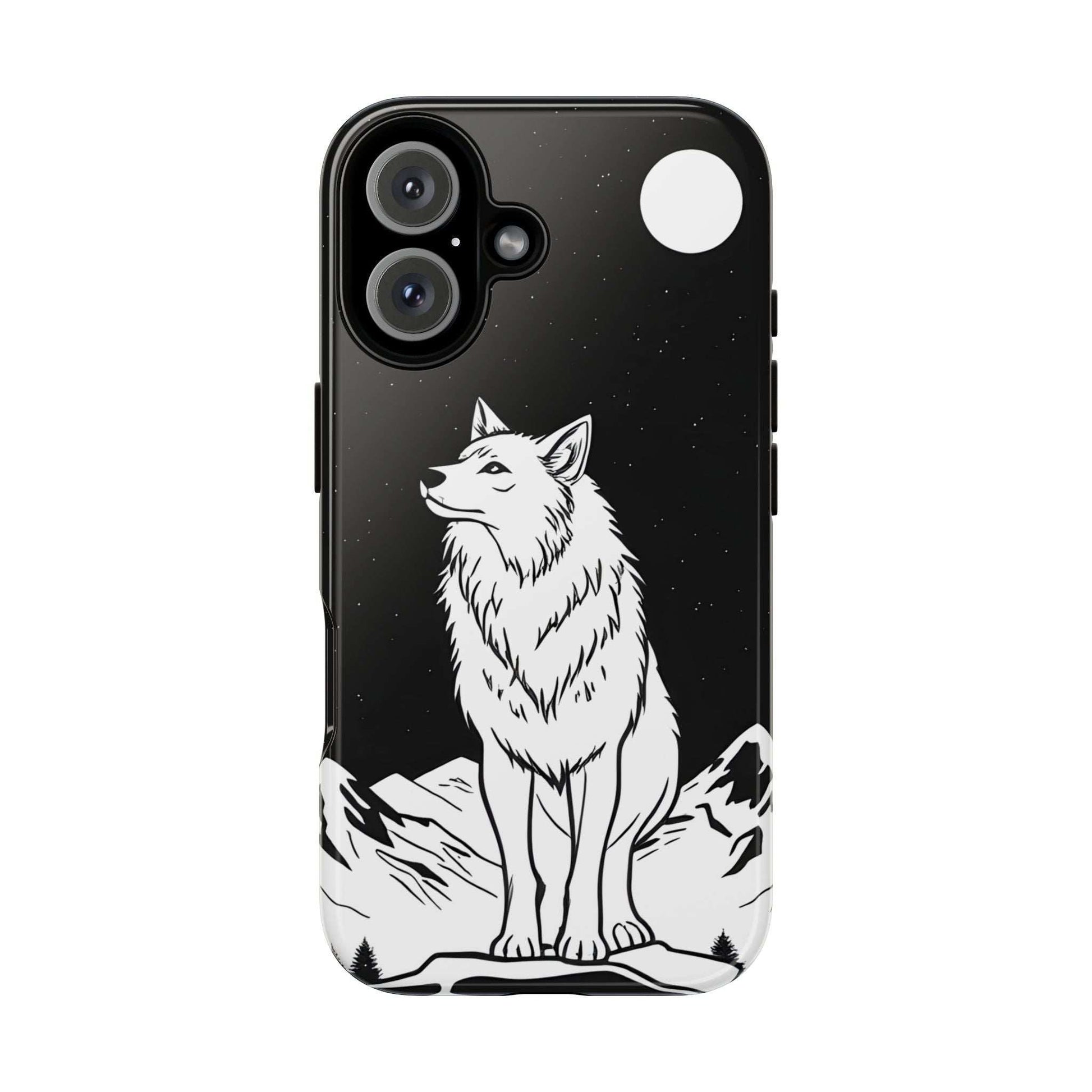 Black phone case with white wolf illustration, camera cutouts, and top-right circle detail