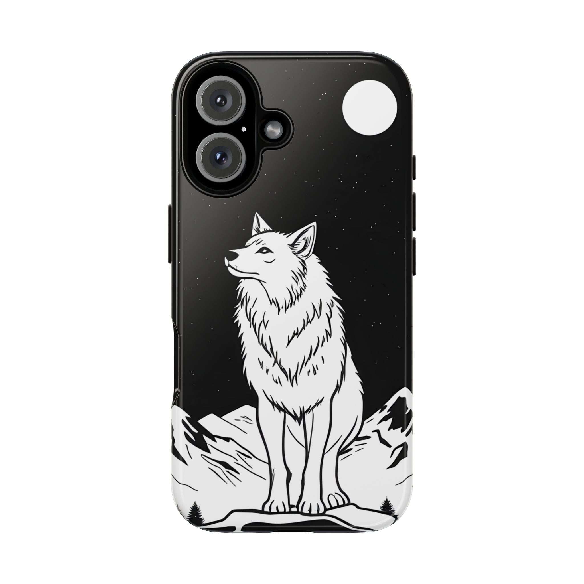 Black phone case with white wolf illustration, camera cutouts, and top-right circle detail
