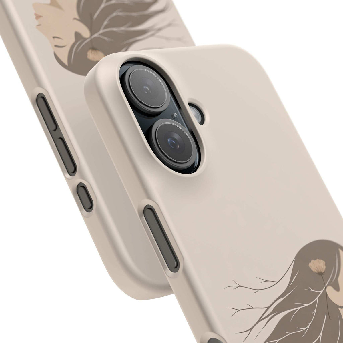 Light cream phone case angled view with oval camera opening and flower-haired lady design