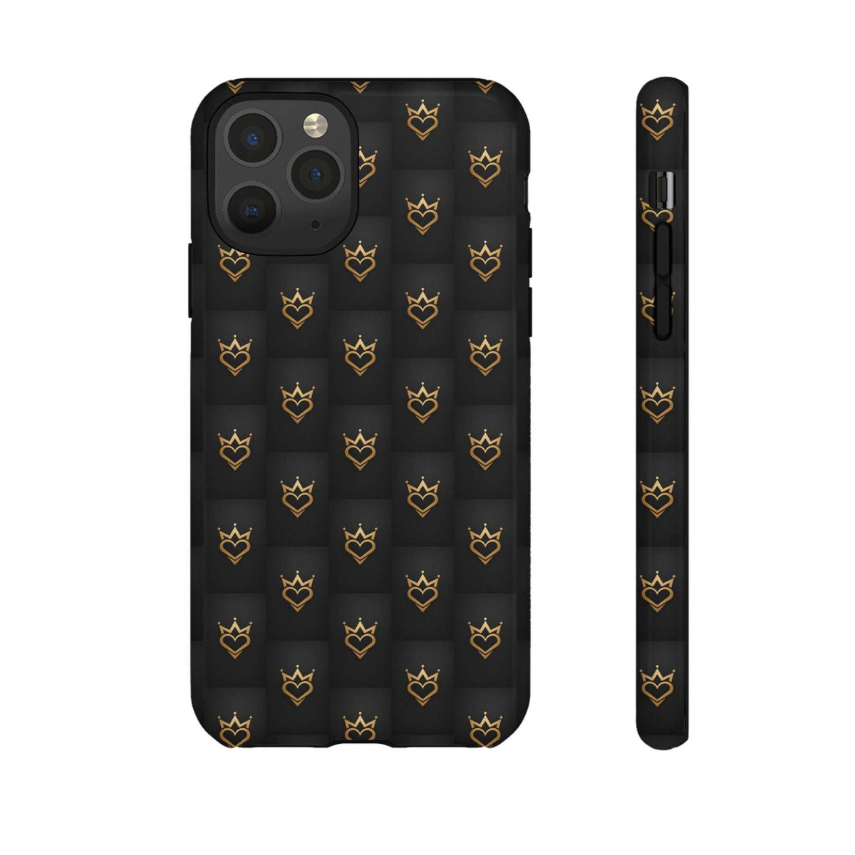 Black phone case with gold crown and heart doodle pattern, back and slim side shown