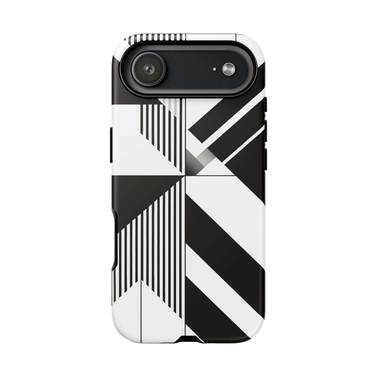 Tough phone case with monochrome diagonal stripes, grid details, and camera cutout.