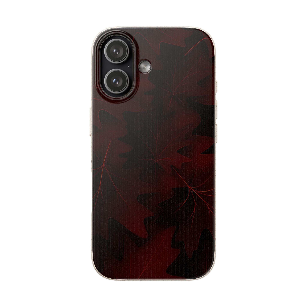 Phone case with dark red leaf pattern and beige edge, front camera area visible