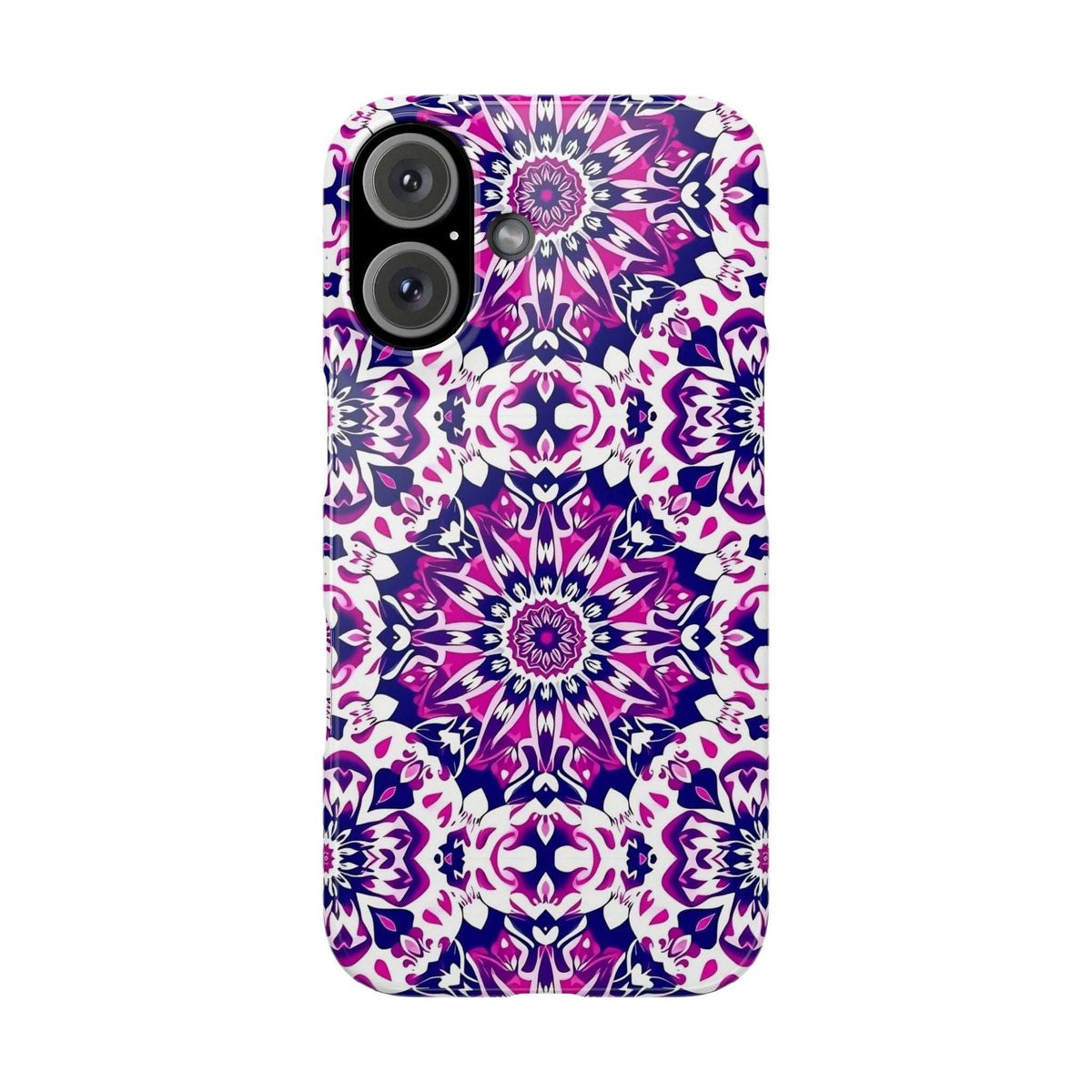 Phone case with purple, pink, and white mandala floral pattern, raised camera cutouts.