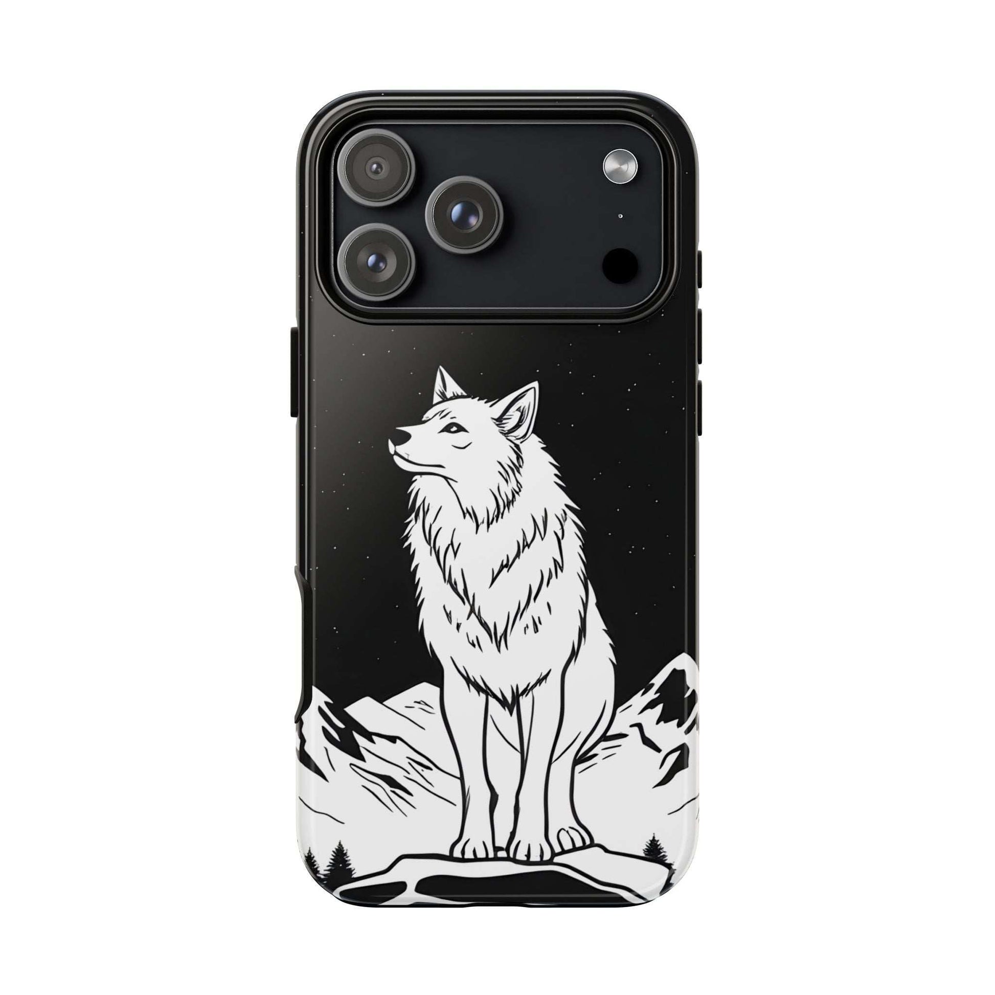 Black phone case with detailed white wolf illustration and dual-camera cutouts