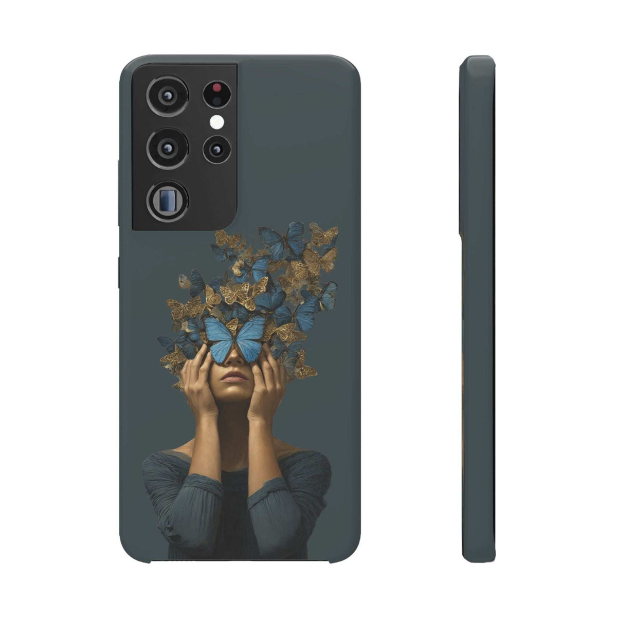 Dark gray phone case back with butterfly woman artwork; multi-camera module and logo cutout.