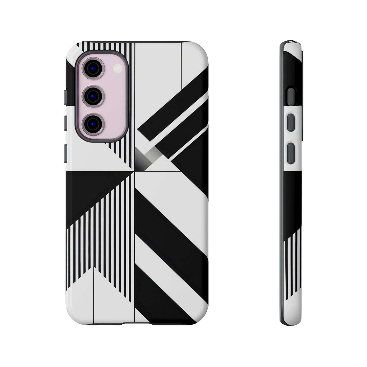 Tough phone case with black-and-white geometric stripes and raised camera openings