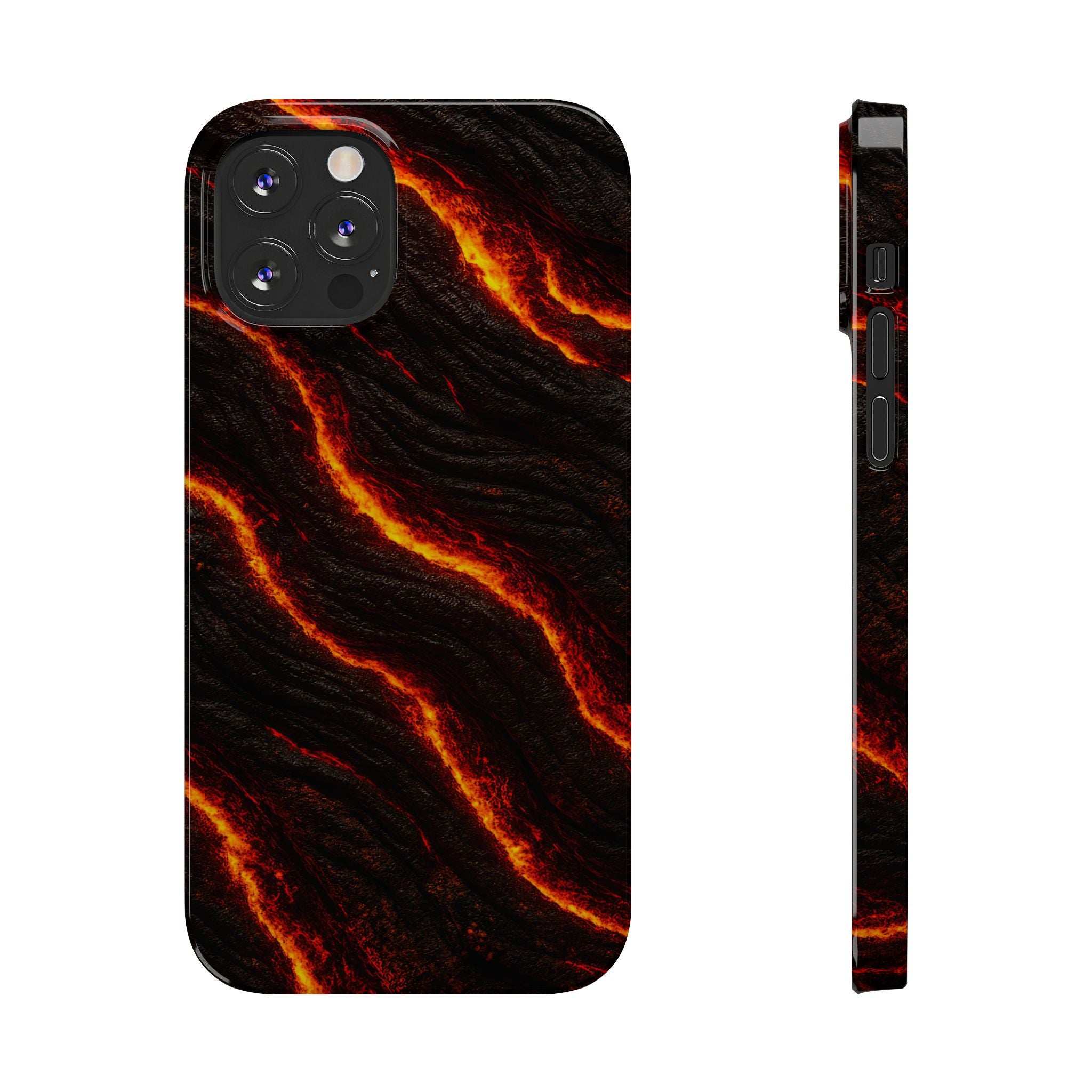 Black lava streak phone case with orange glow lines; camera cutouts and side buttons