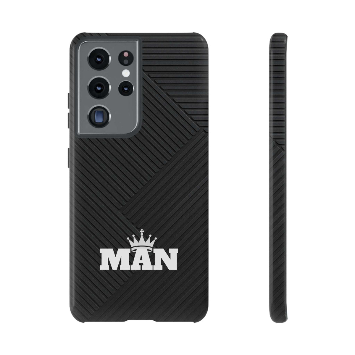Black phone case with textured pattern, MAN logo, and side edge profile view.