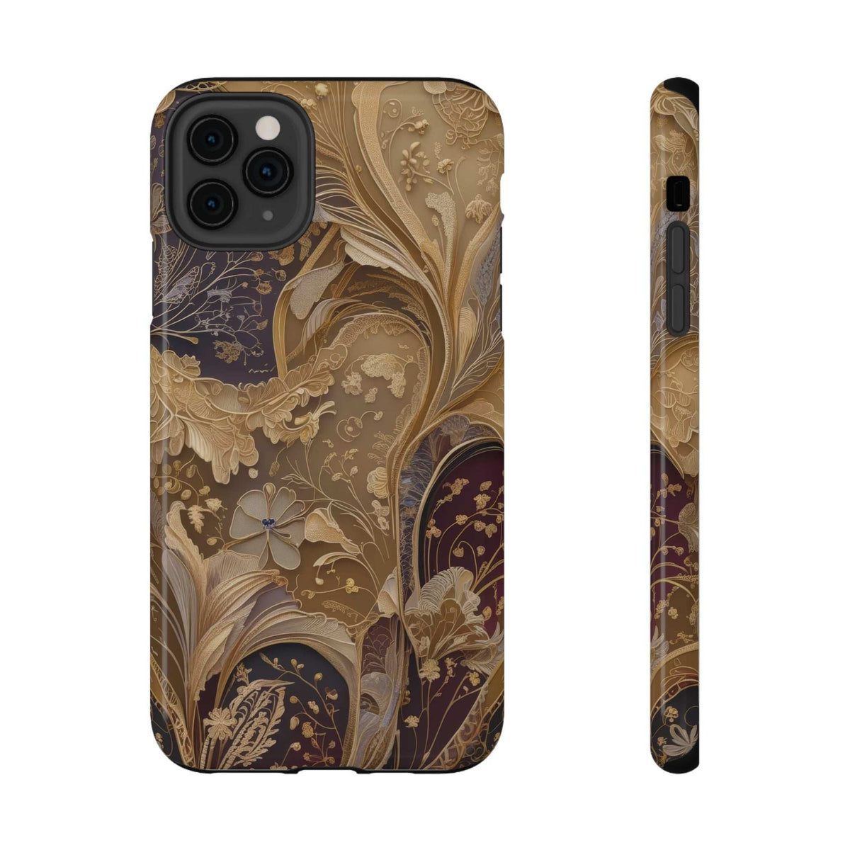 Botanical phone case with gold and dark brown floral design, slim profile and cutouts