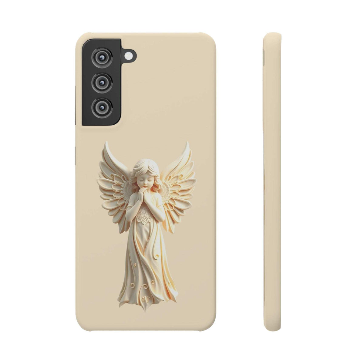 Beige angel phone case with cherub graphic, camera cutout, slim side edge