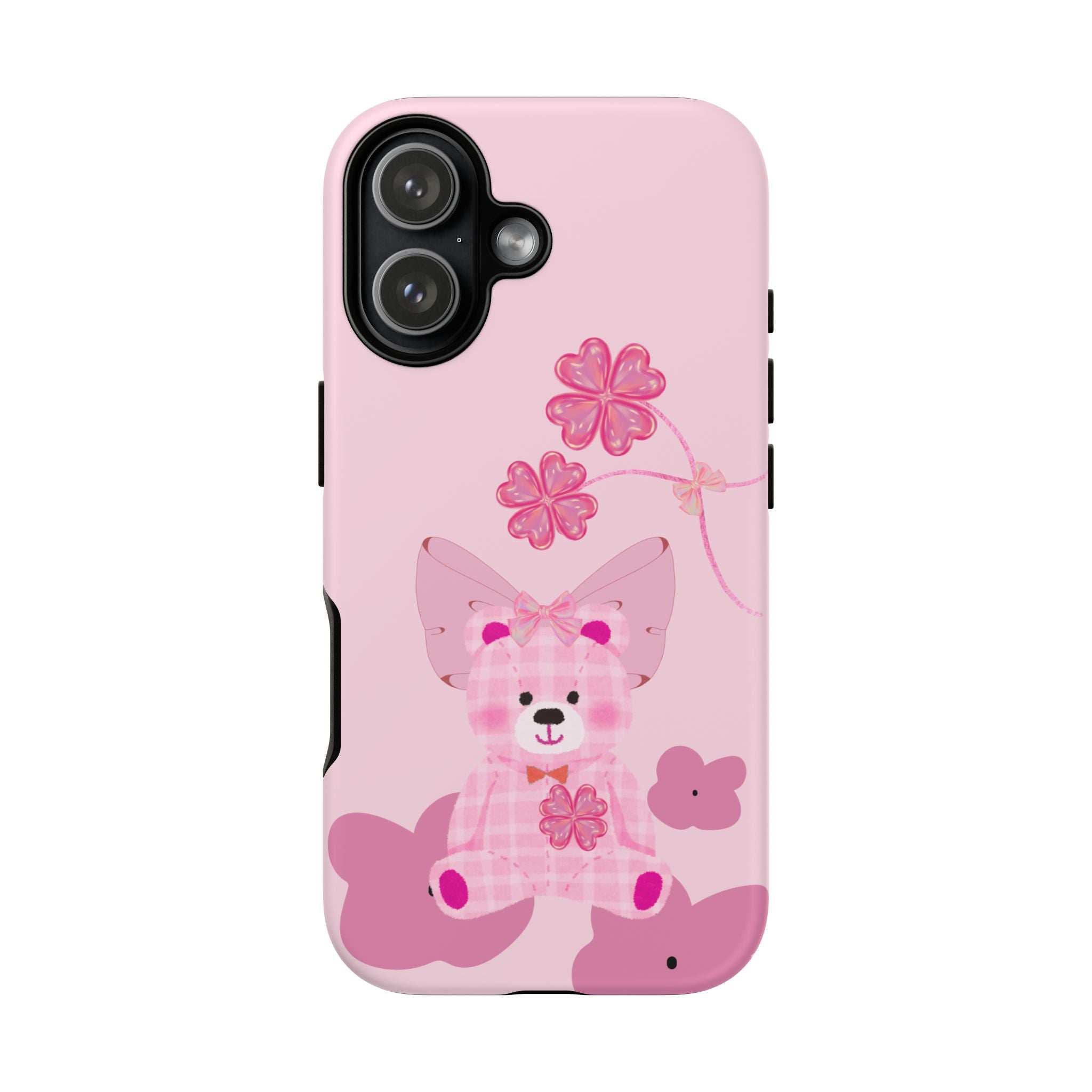 Pink phone case with teddy bear and bow, plus small bear character; back view