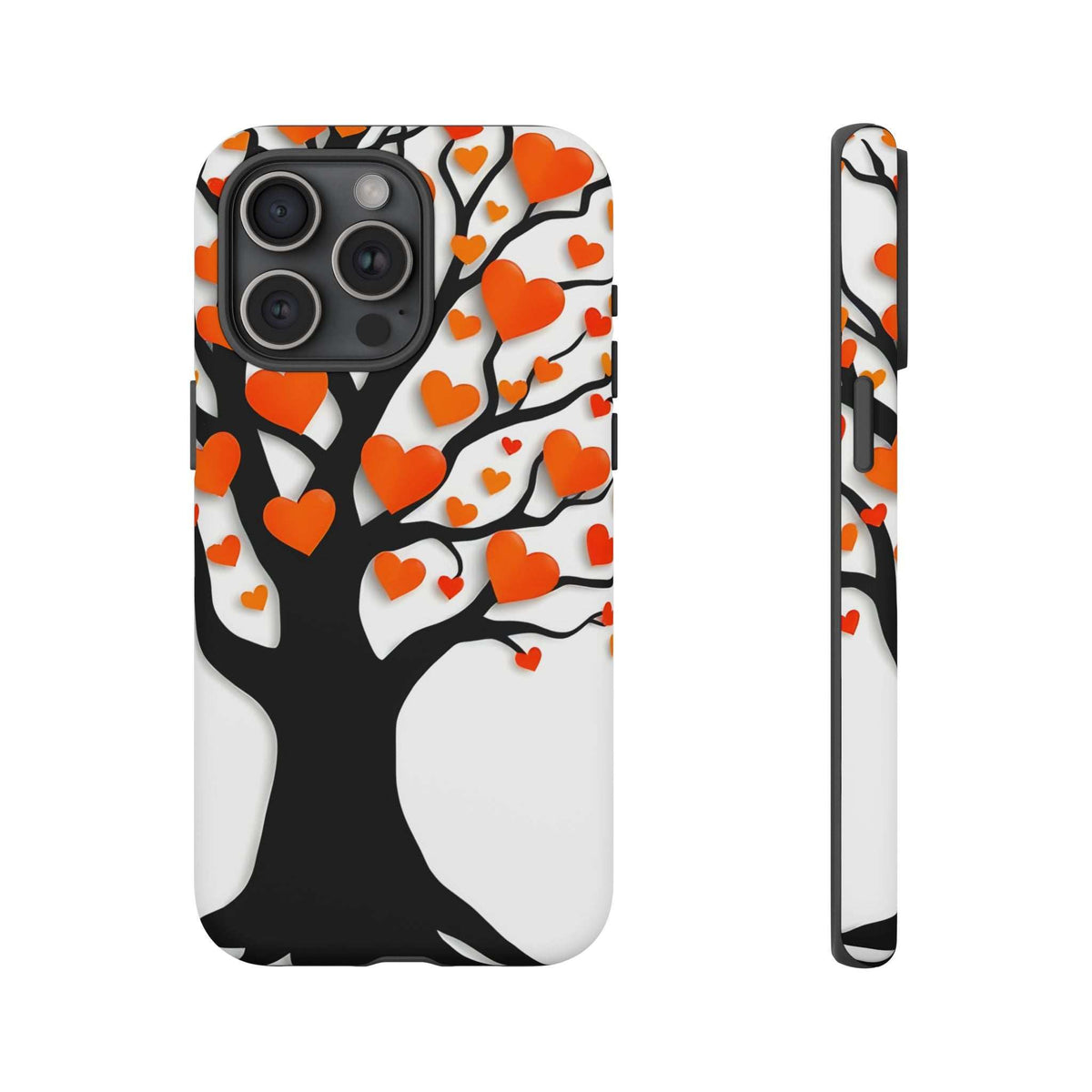 Heart tree phone case with orange heart branches; triple camera openings and raised camera frame.
