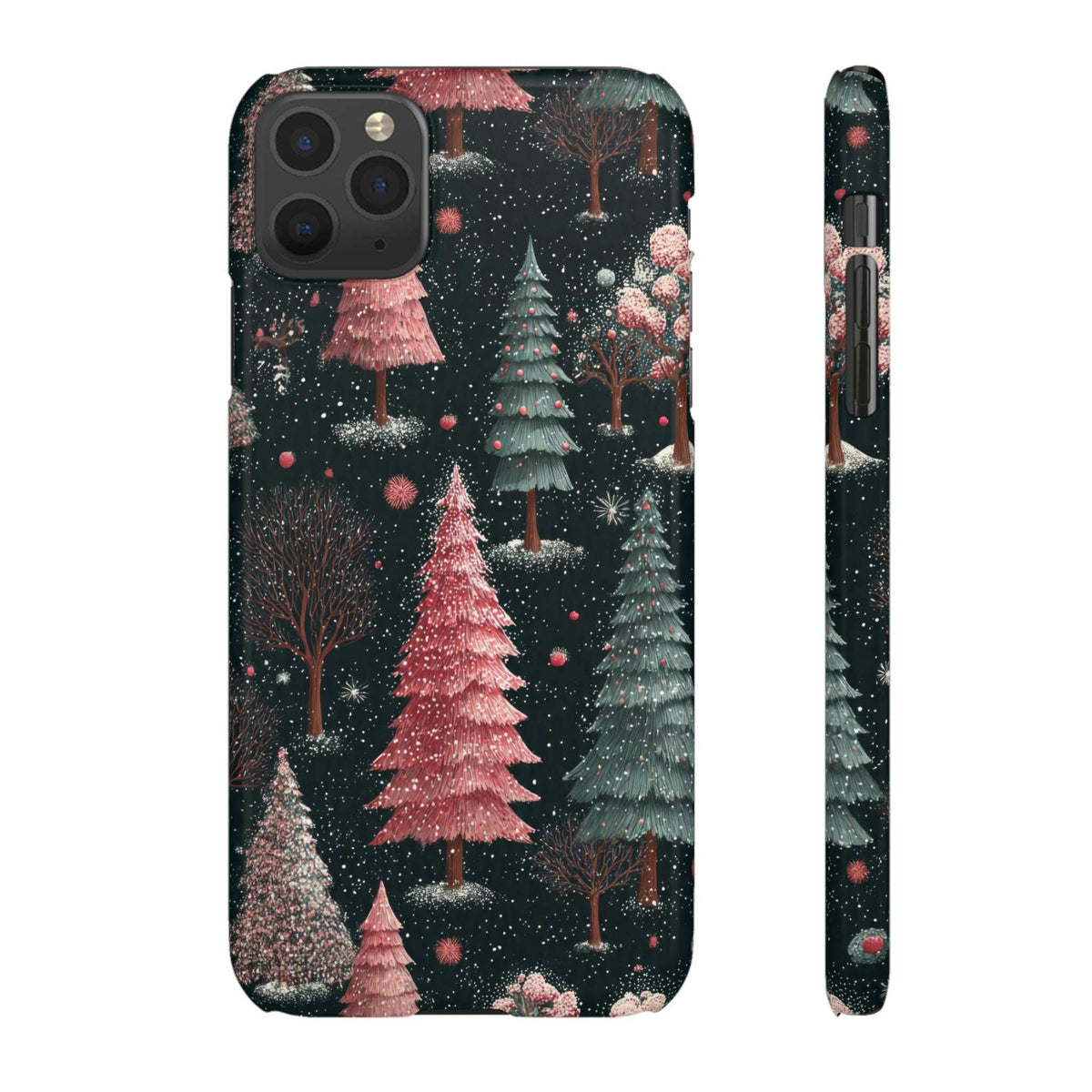Winter forest phone case back with pink fir tree and other trees; side view beside it.