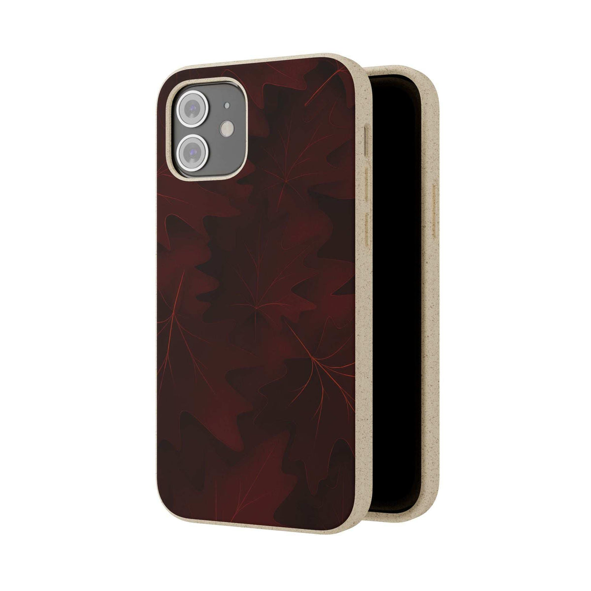 Burgundy autumn leaf phone case with beige sides, front view with camera cutout