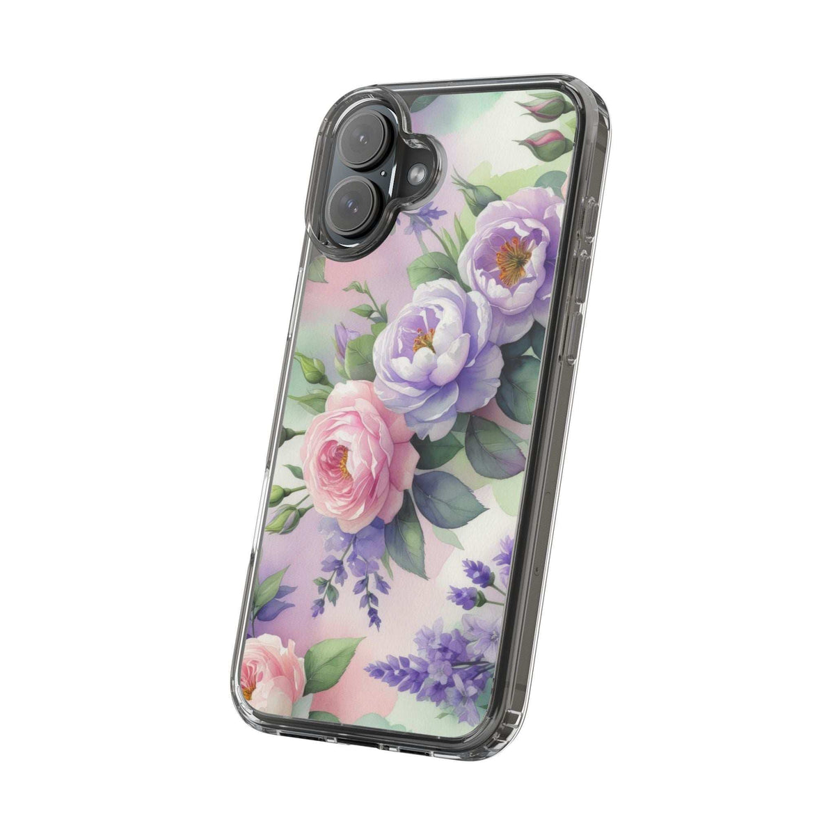 Clear floral phone case with pastel purple and pink blossoms on a translucent back
