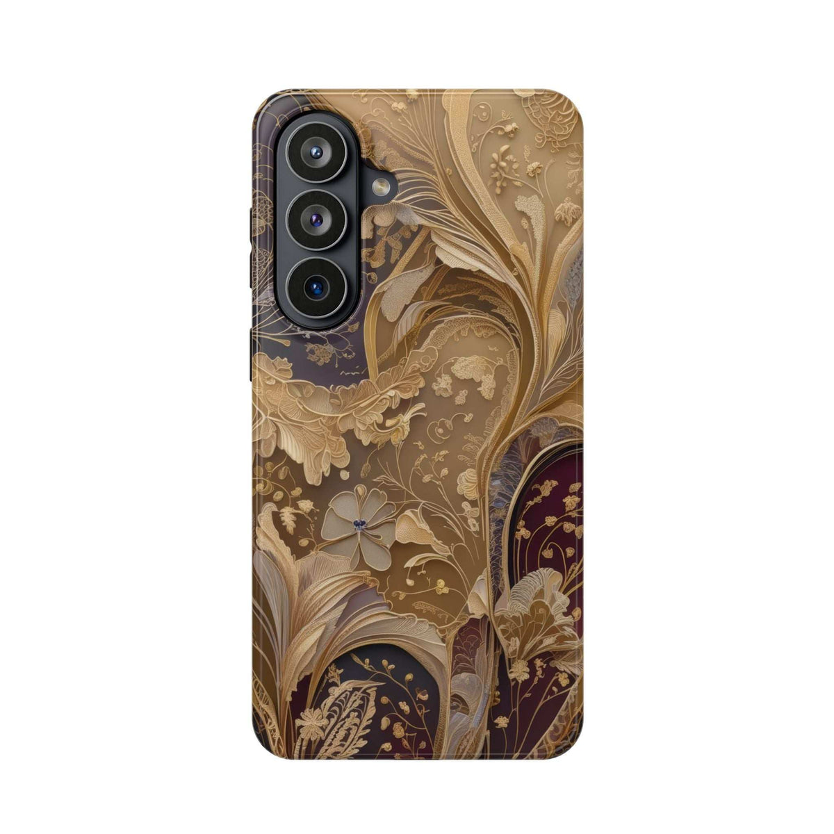 Botanical phone case with gold and brown leaf pattern, camera openings, slim profile