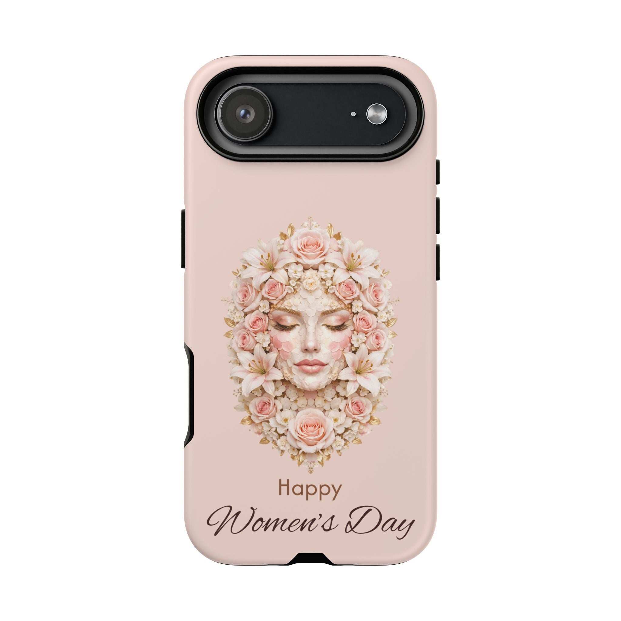 Light pink phone case with floral woman portrait and 'Happy Women's Day' text at bottom
