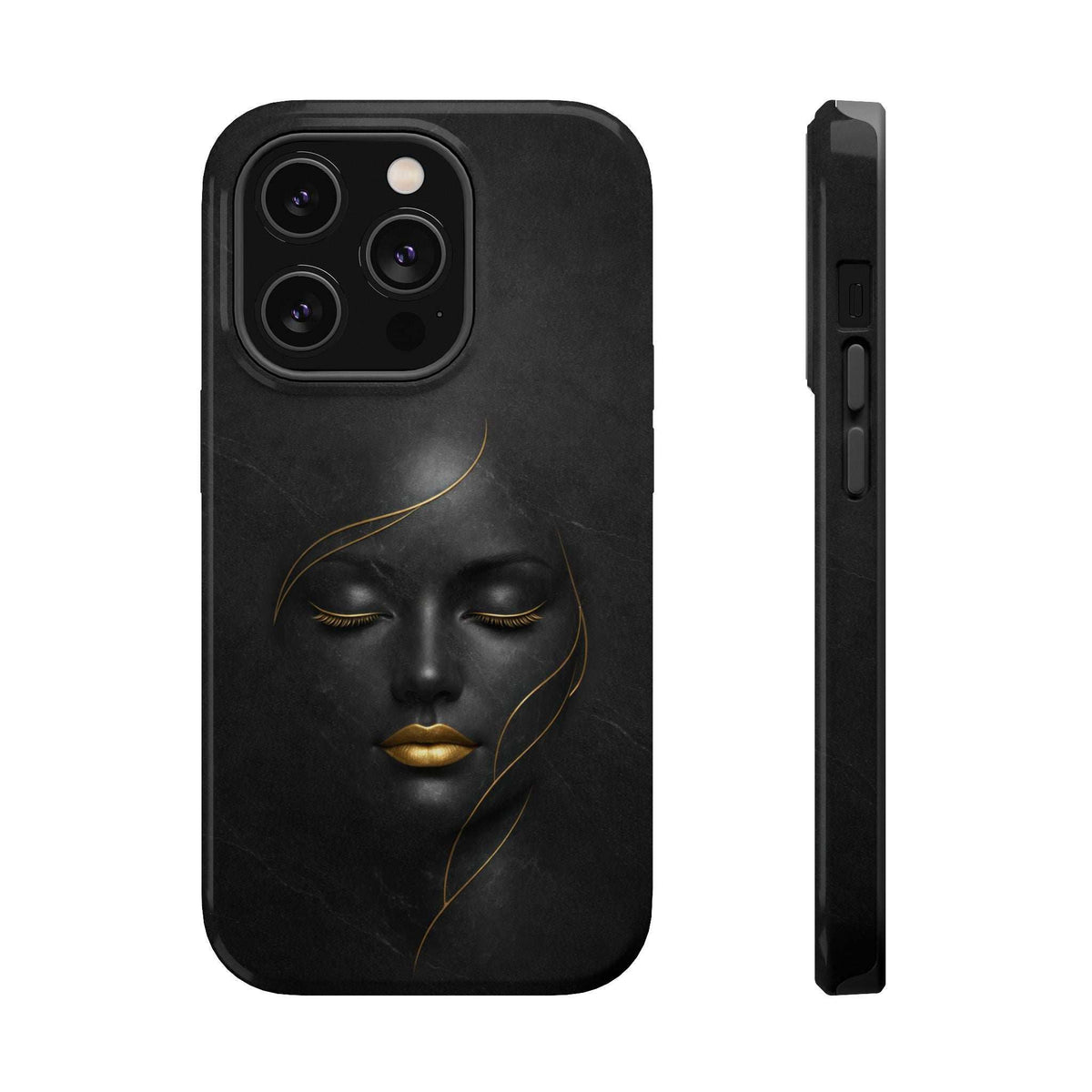 Black phone case with gold face design; angled view shows side button openings.