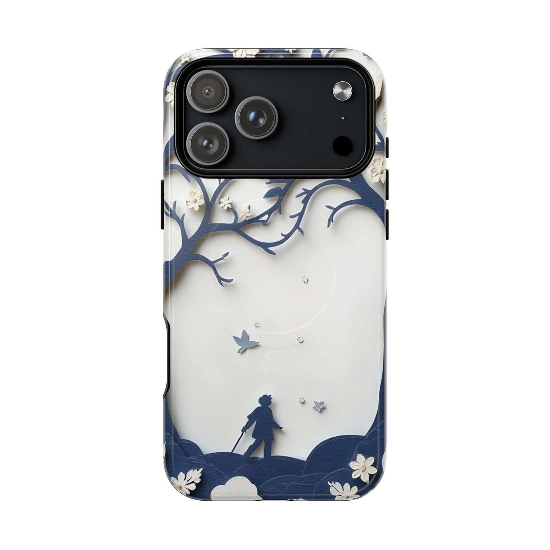 Phone case with blue night scene, tree branches, bird silhouettes, and camera cutouts