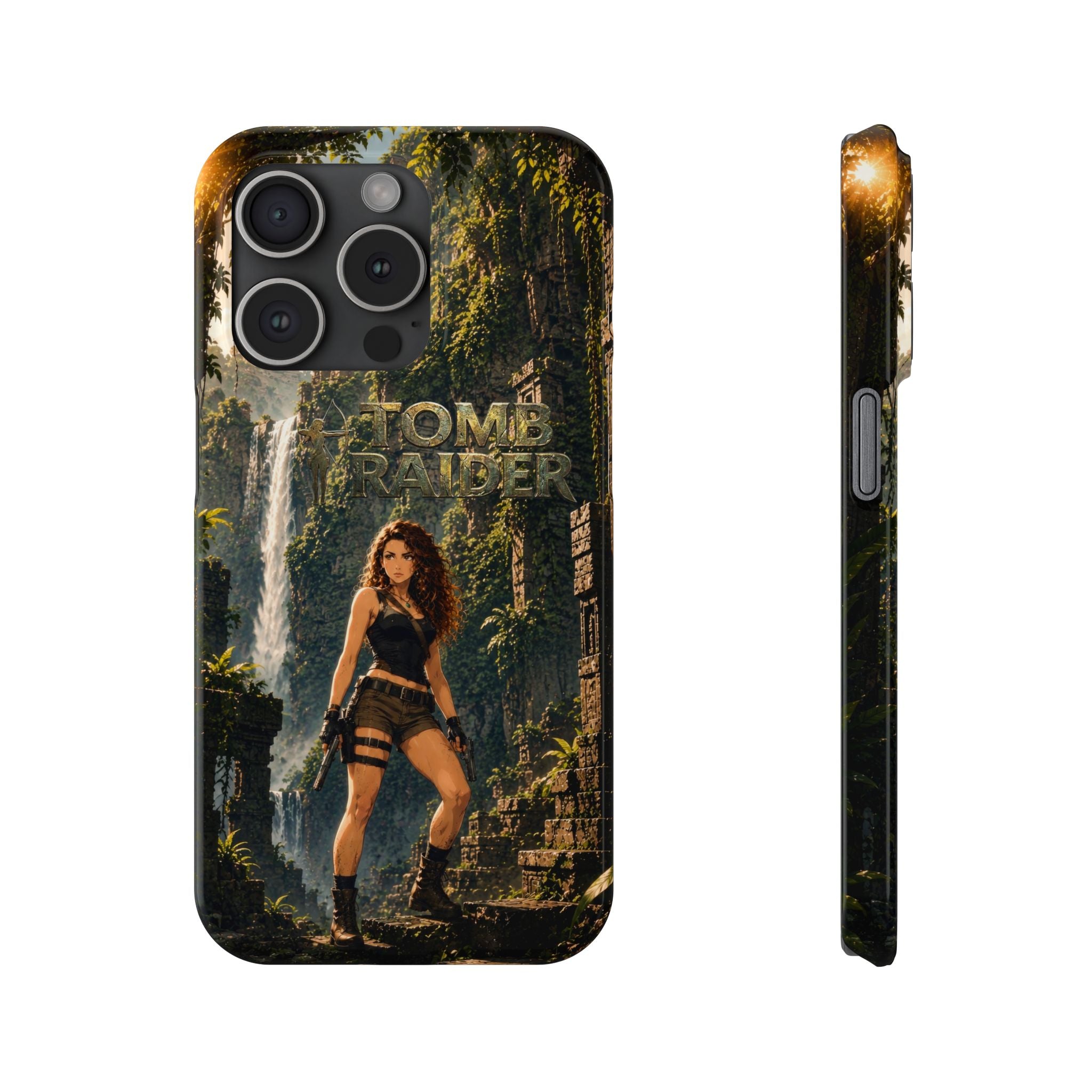 Tomb Raider phone case, dark back with character artwork, side view with power and volume openings