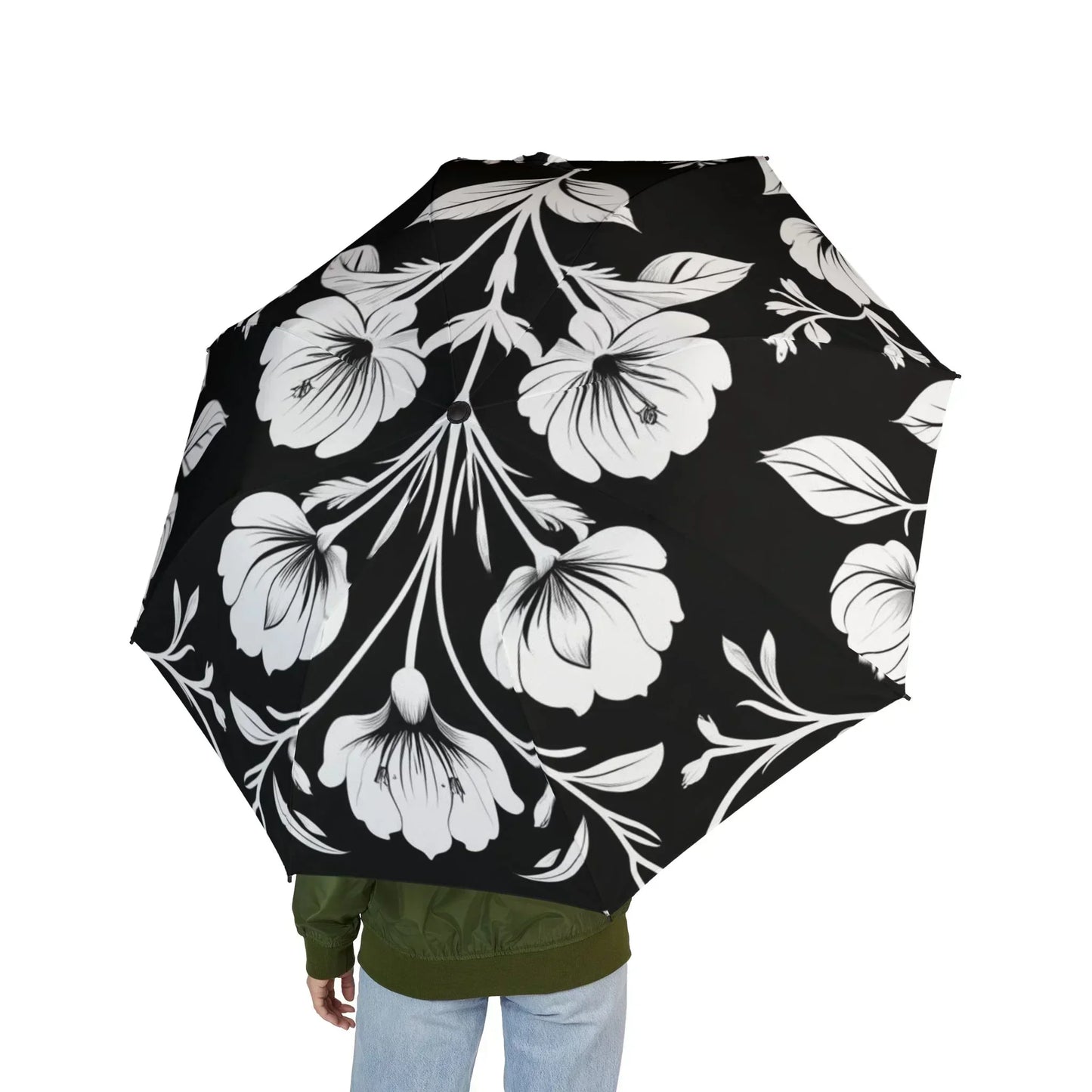Elegant Black and White Floral Umbrella - KarArmDesign
