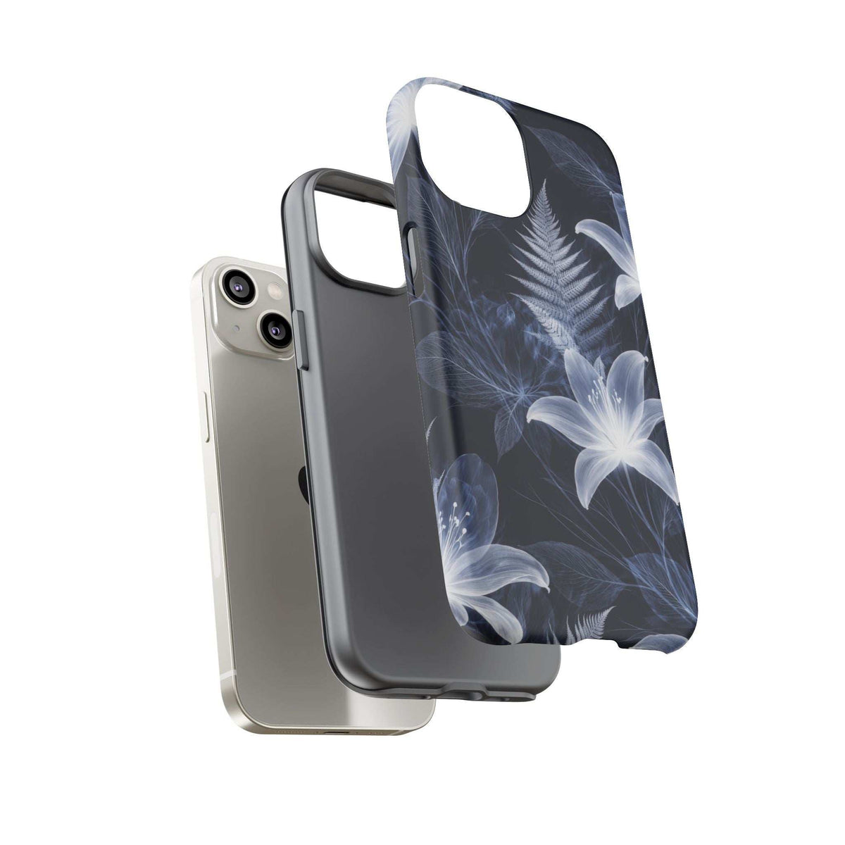 Transparent floral phone case with blue lilies and fern leaves, camera cutout visible