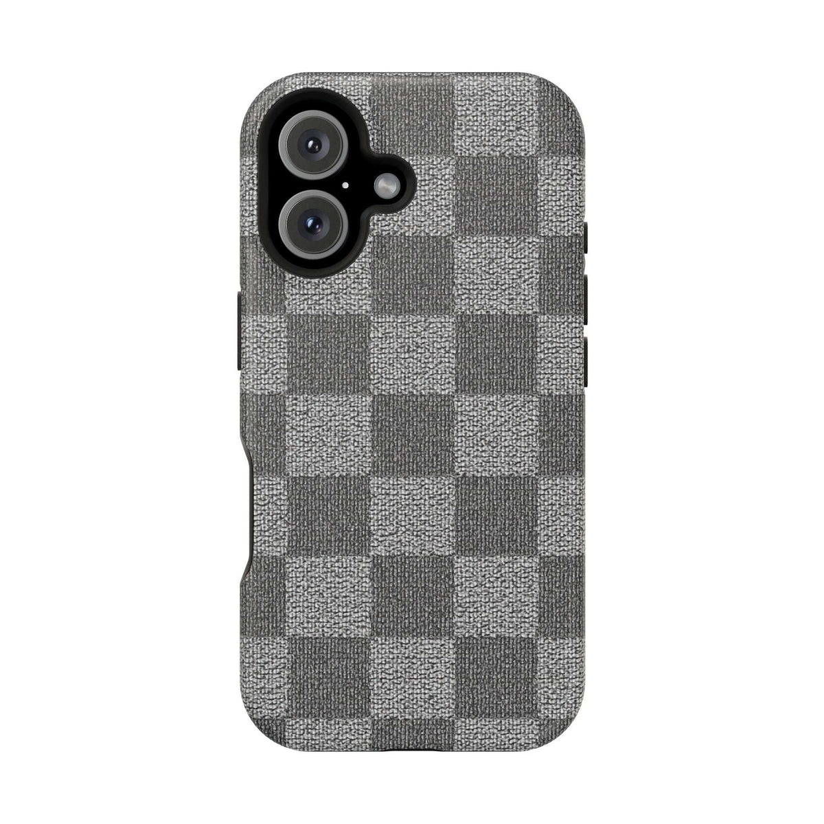 Gray checkered phone case with camera cutouts and side button openings, fabric texture
