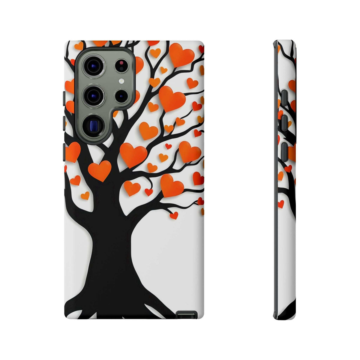 Phone case with heart tree design, orange and red hearts, camera cutouts, front and side