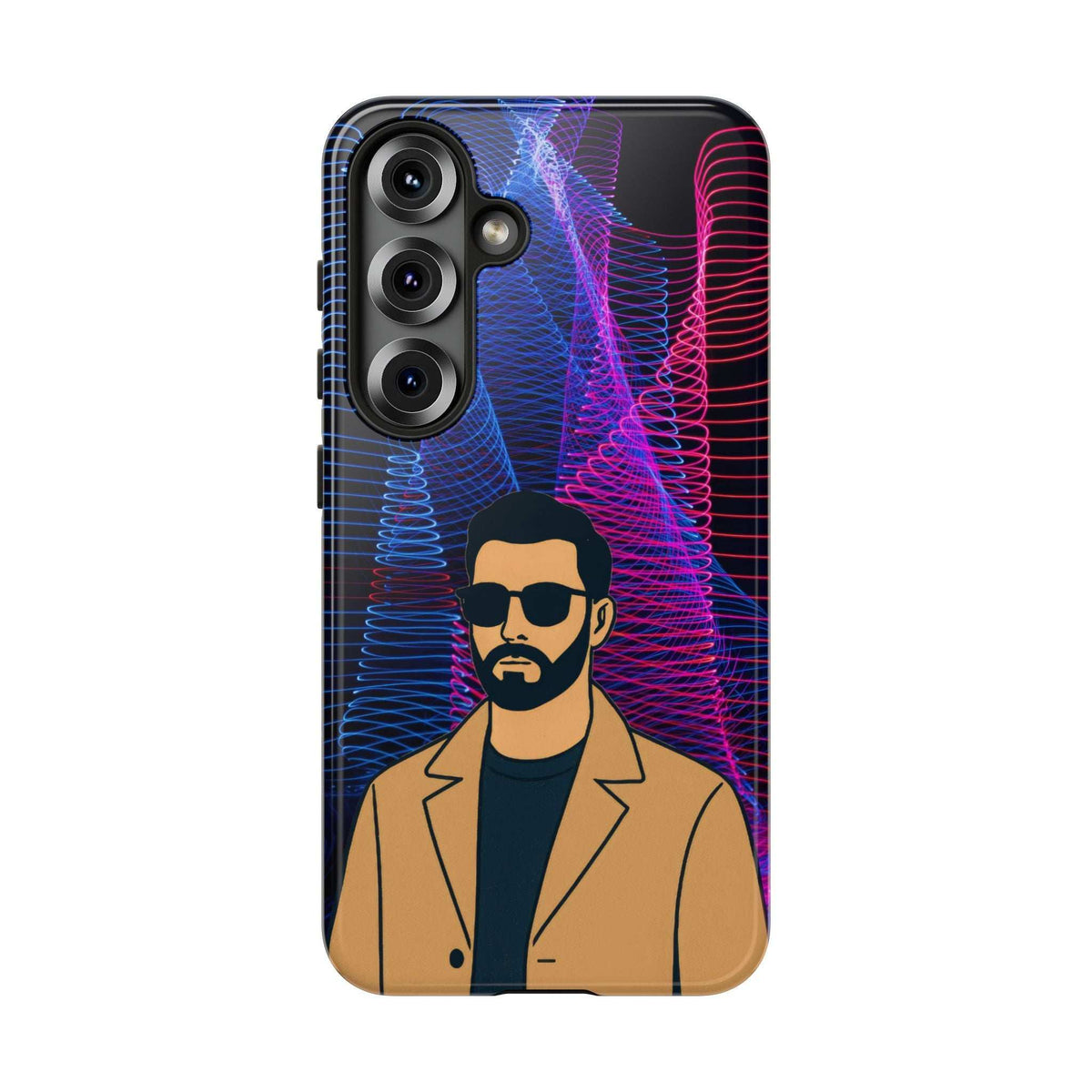 Glossy phone case front view with illustrated bearded man and neon blue/pink wave design
