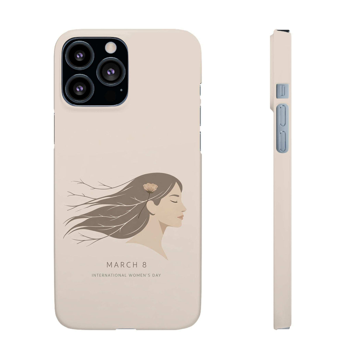 Beige phone case featuring woman profile illustration with flower; “MARCH 8” text and camera cutout.