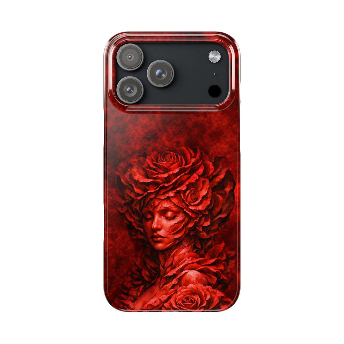 Red slim iPhone case with rose-and-woman face artwork and black camera cutouts.